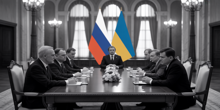 Mais uma das várias tentativas de negociação entre Rússia e Ucrânia — mais uma cena do circo diplomático, segundo analistas ucranianos.Ilustração Cortesia Editorial Ideia