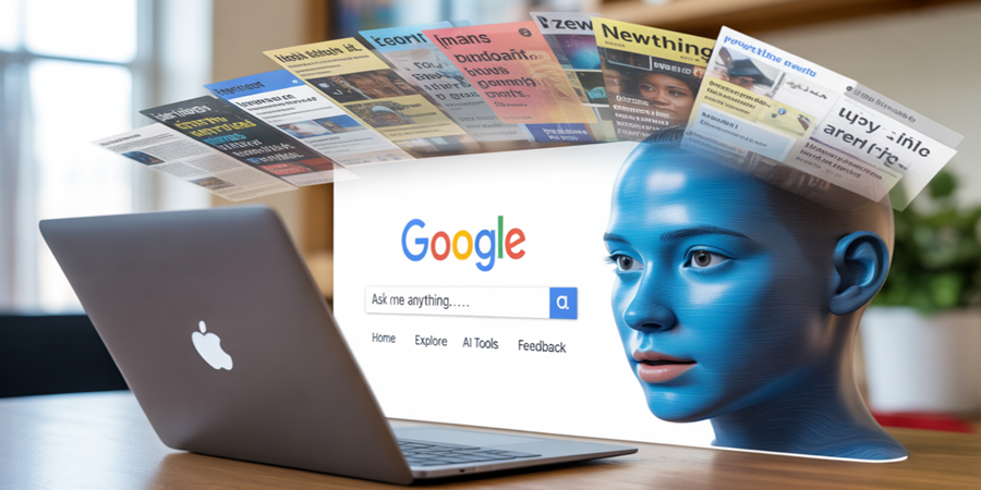Novo sistema de respostas por IA do Google levanta debate global sobre os direitos de conteúdo jornalístico e a sobrevivência da imprensa./Ilustração Cortesia Editorial Ideia